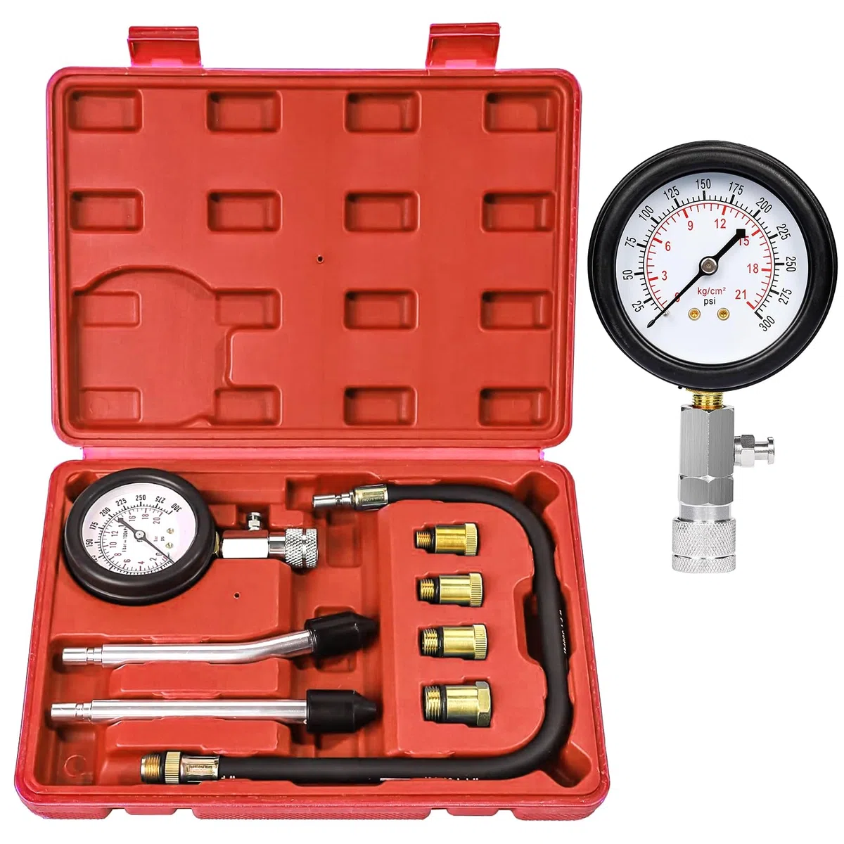 Zorplex Probador de Compresión de Motor Kit, Comprobador de Compresión 0-21 Bar / 0-300 PSI con Manómetro y Probador de Bujías, M10 M12 M14 M18, para Automóviles, Motores de Gasolina (Rojo)