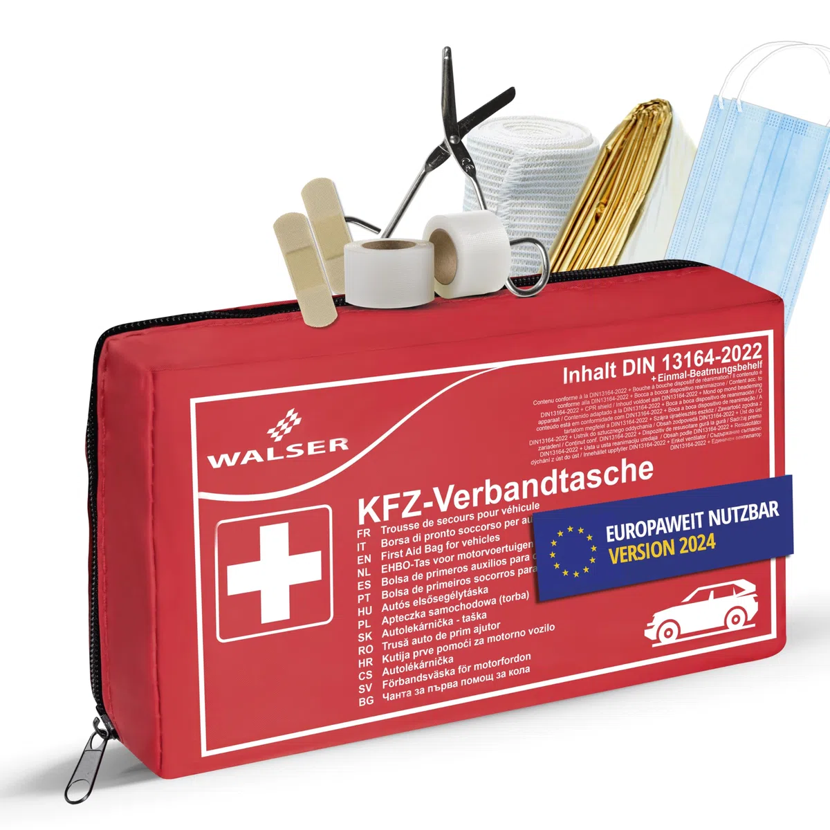 WALSER Bolsa de primeros auxilios para coche, kit de primeros auxilios, bolsa de primeros auxilios DIN 13164:2022, kit de primeros auxilios rojo 44283