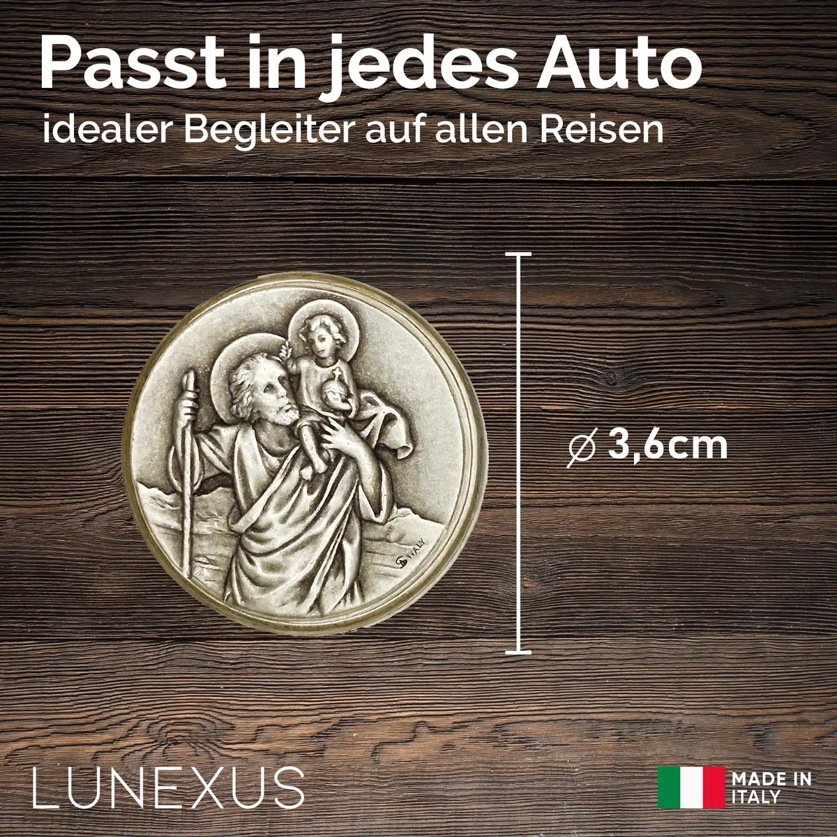 LUNEXUS Imán de Coche de San Cristóbal de 3,6 cm de diámetro, Placa de Coche de San Cristóbal - Bendito - patrón de los automovilistas - Colgante de Coche de San Cristóbal - Ángel de la Guarda - Auto