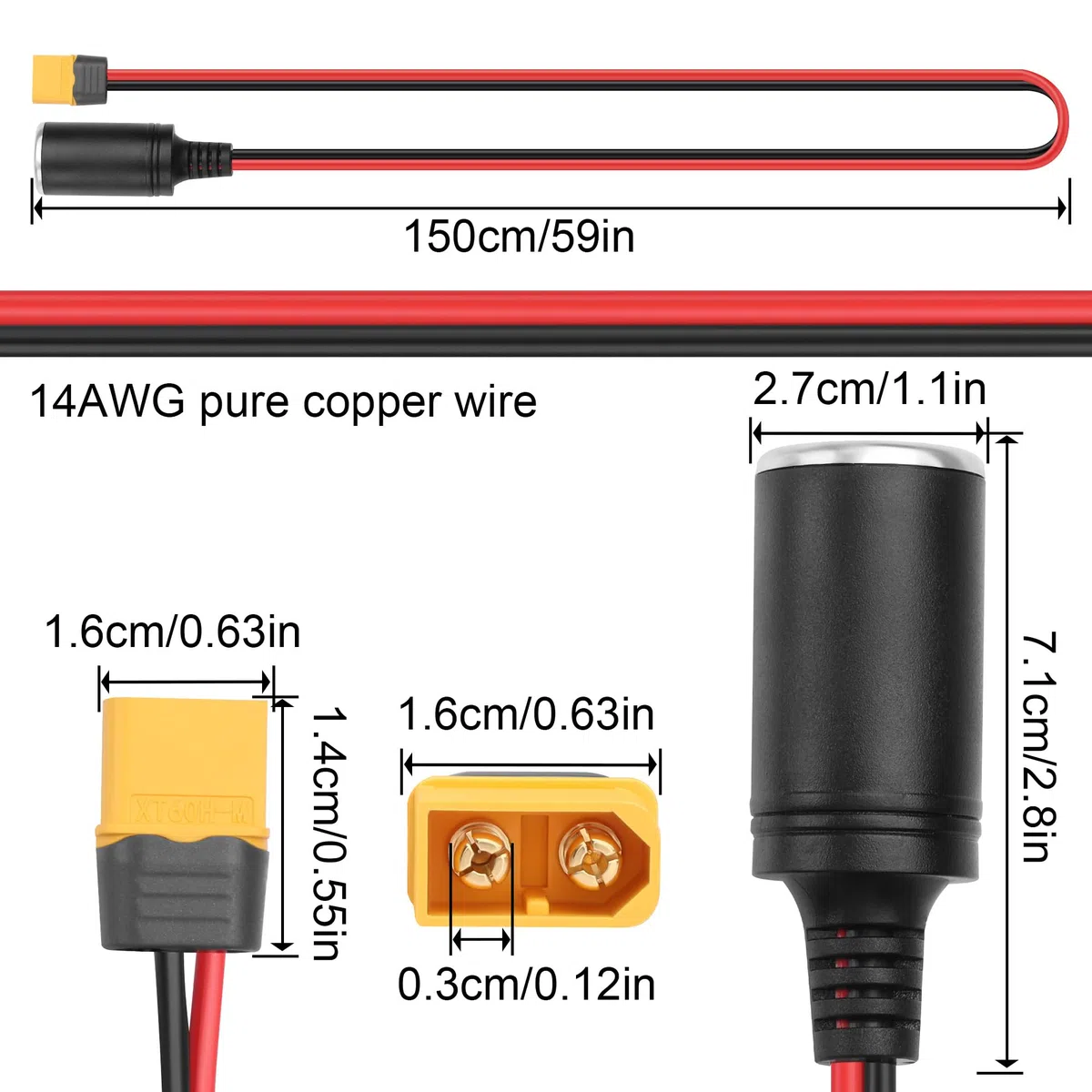 Adaptador XT60 Macho a Hembra para Encendedor, Cable 14 AWG para Moto/Barco/Autocaravana/Solar, 1,5 m