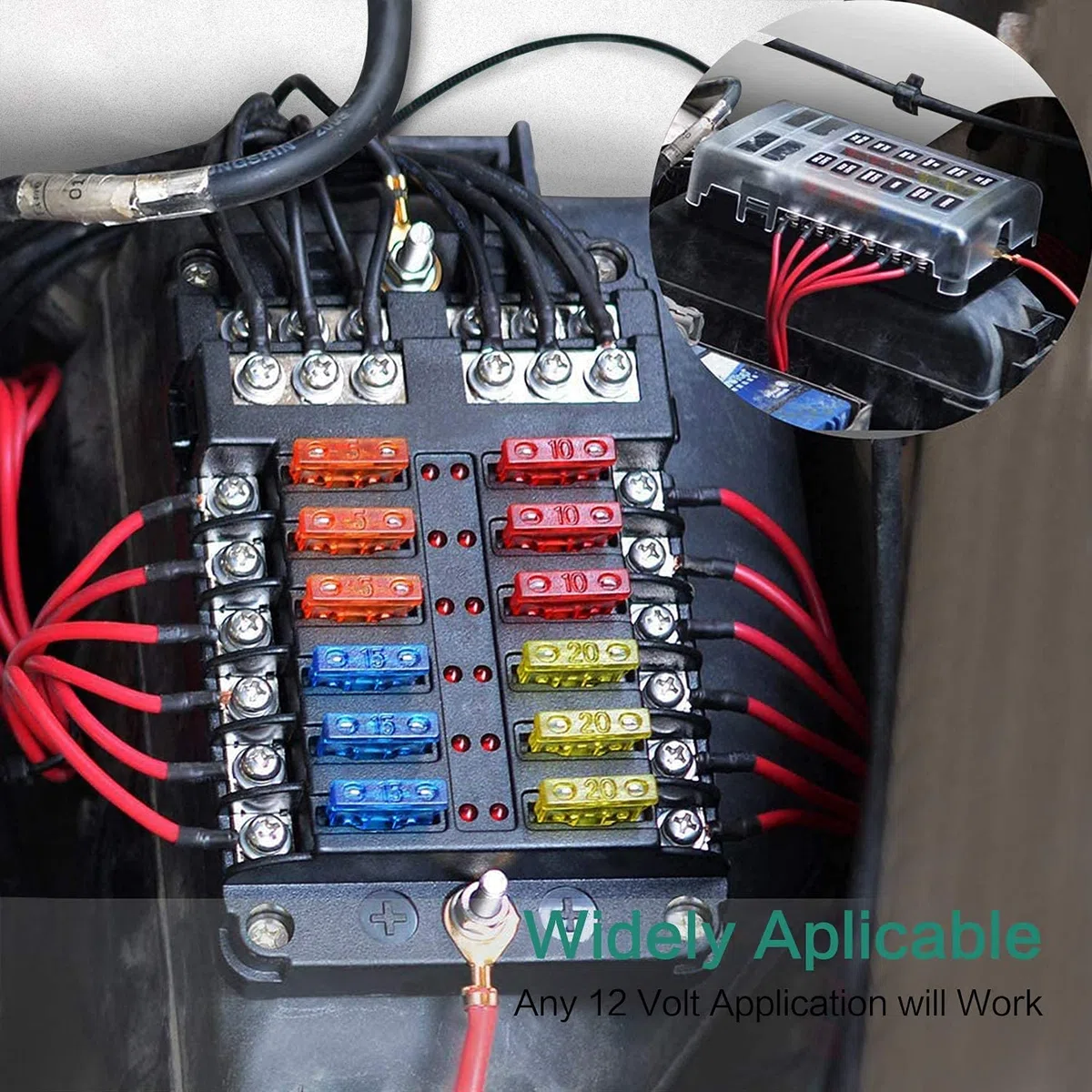 Geloo Caja de Fusibles 12 Vías Portafusibles con Lámpara de Alerta LED Porta Fusibles Coche con Cuchilla Negativa para Coche Barco Autocaravana Furgoneta