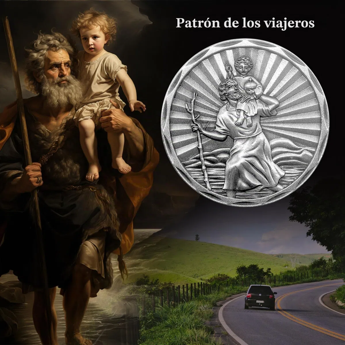 Placa de San Cristóbal para Coche, diámetro de 3,4 cm, Medalla de San Cristóbal para protegernos y Venir a casa, con imán y 3 Pegatinas Adhesivas de Doble Cara, 1 Pieza de Hierro (Plata Vieja)