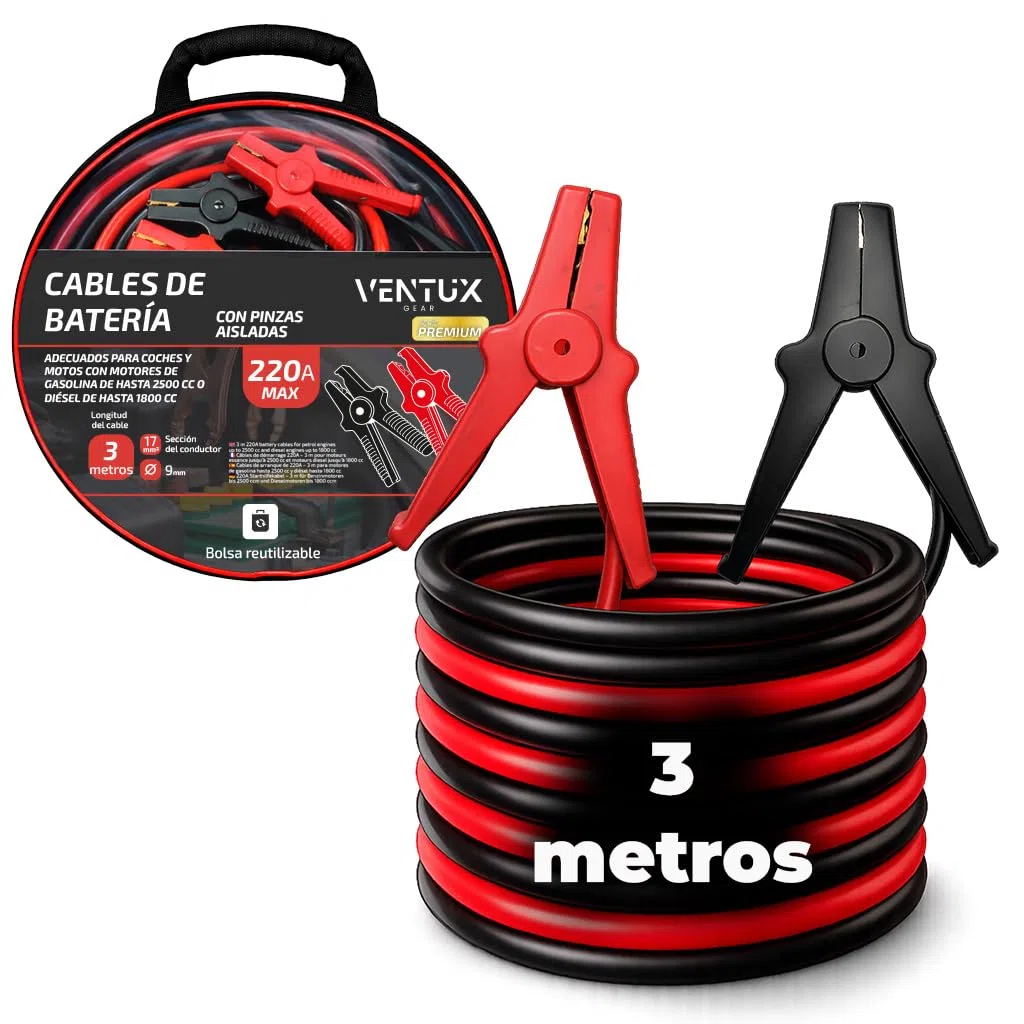 Cables de Arranque Batería Coche 220A – 3 Metros Pinzas Aisladas | Cable Arranque Emergencia Gasolina hasta 2500cc Diesel 1800cc | Cables Batería Auto Moto Bolsa CE