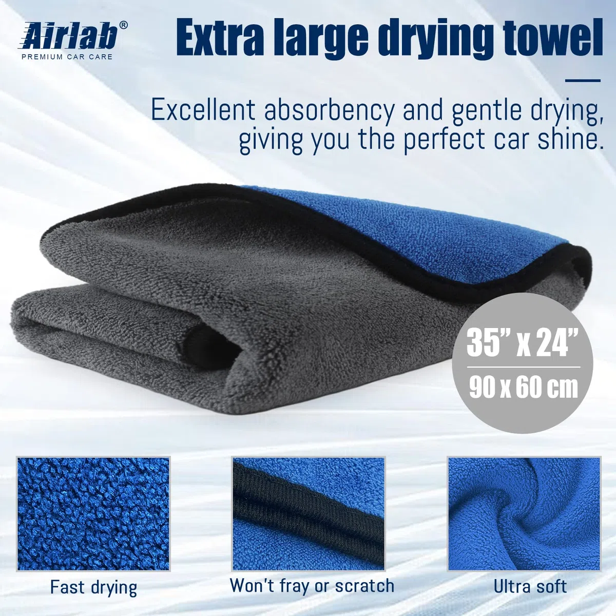 Airlab Grande Toalla Secado Coche 90x60 cm XXL, Bayeta Microfibra, Toalla Microfibra Coche Sin Pelusas & Sin Rayas, Paños de Limpieza Super Absorbente, Balletas para Vehículos, Cristales, 500 gsm