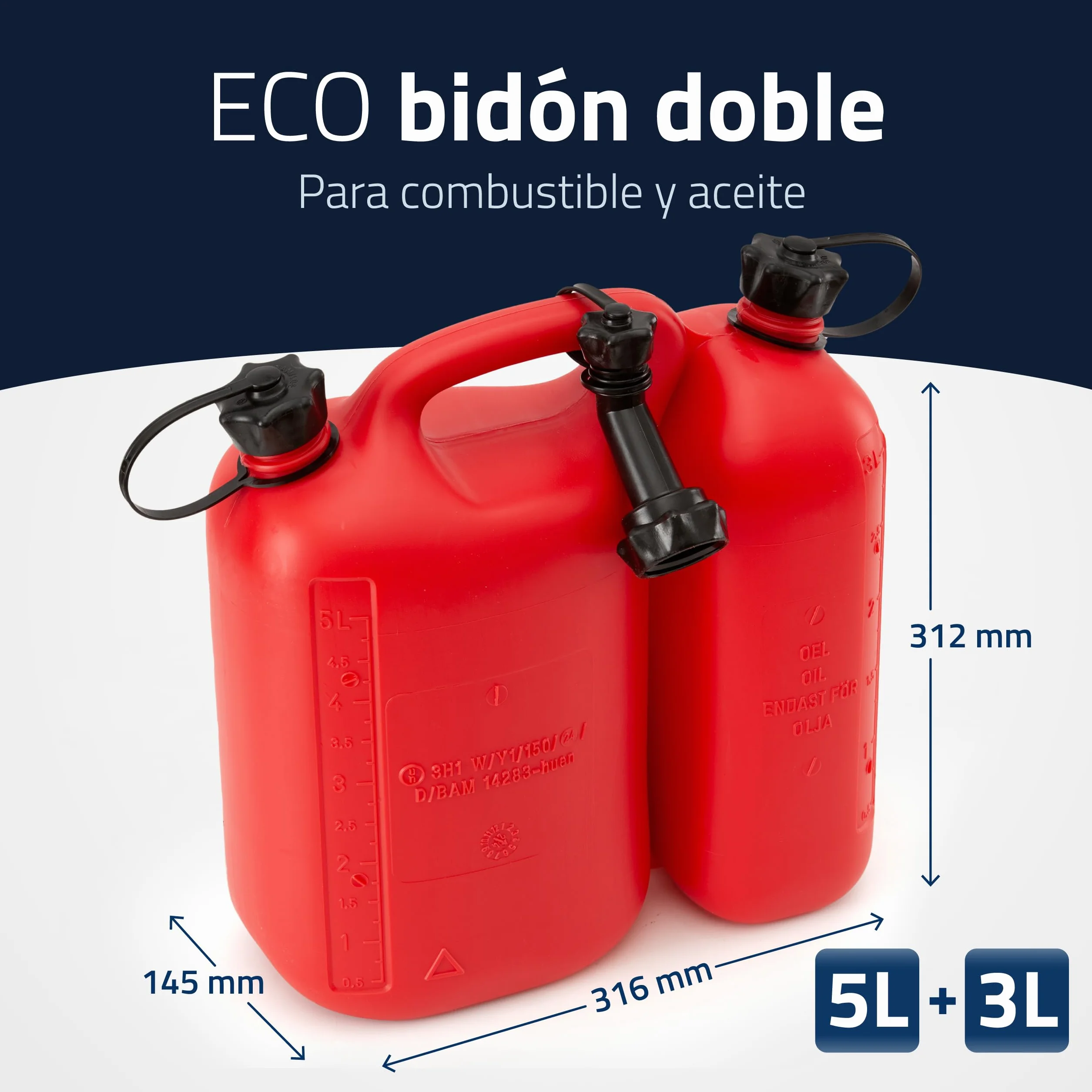 Cartrend Bidón doble ECO 5,5+3 L, PEAD Rojo, homologación UN, accesorios negros