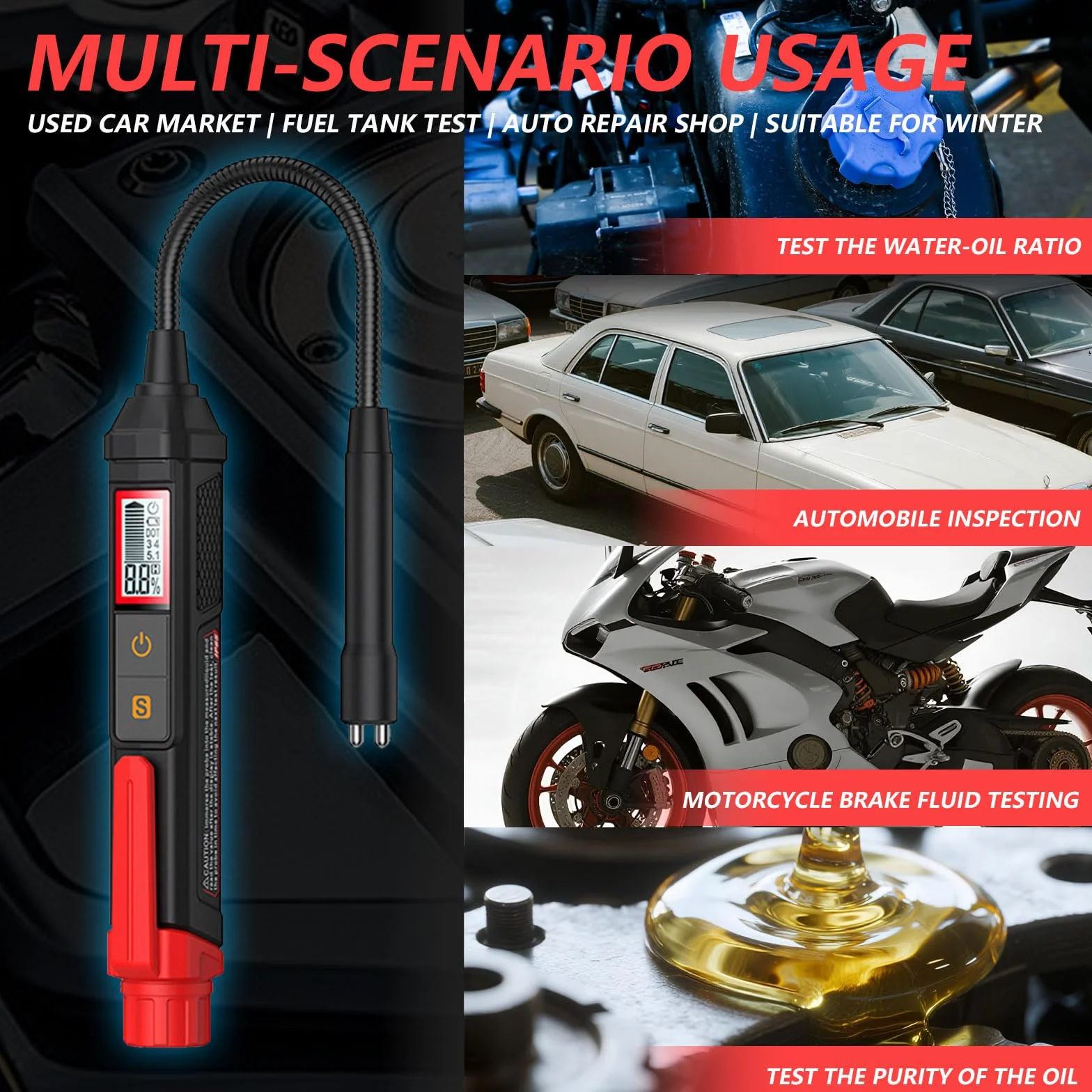 Probador de Líquido de Frenos DOT3 DOT4 DOT5.1 con LED, Comprobador para Coche y Moto, Resultado en 3s, Incluye Pilas