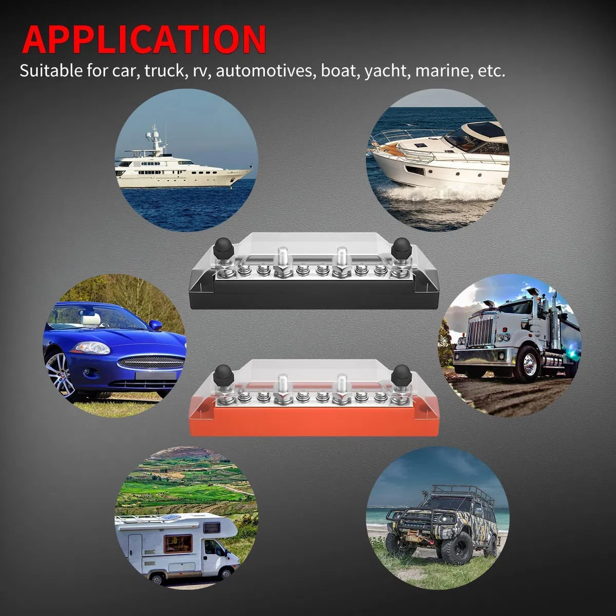 Greluma 1 Par Bloque de distribución de energía de 10 vías, 4 pernos de terminal M6, 6 tornillos de terminal M4 Barra de bus de batería para automóvil Barco marino