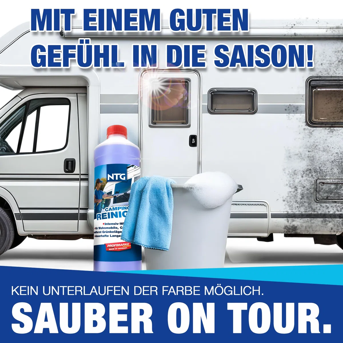 NTG Limpiador de alta potencia para caravanas y autocaravanas (1000 ml) para limpieza exterior, eficaz contra rayas de lluvia, suciedad y manchas, cuidado de caravanas, limpiador de ventanas, sellado