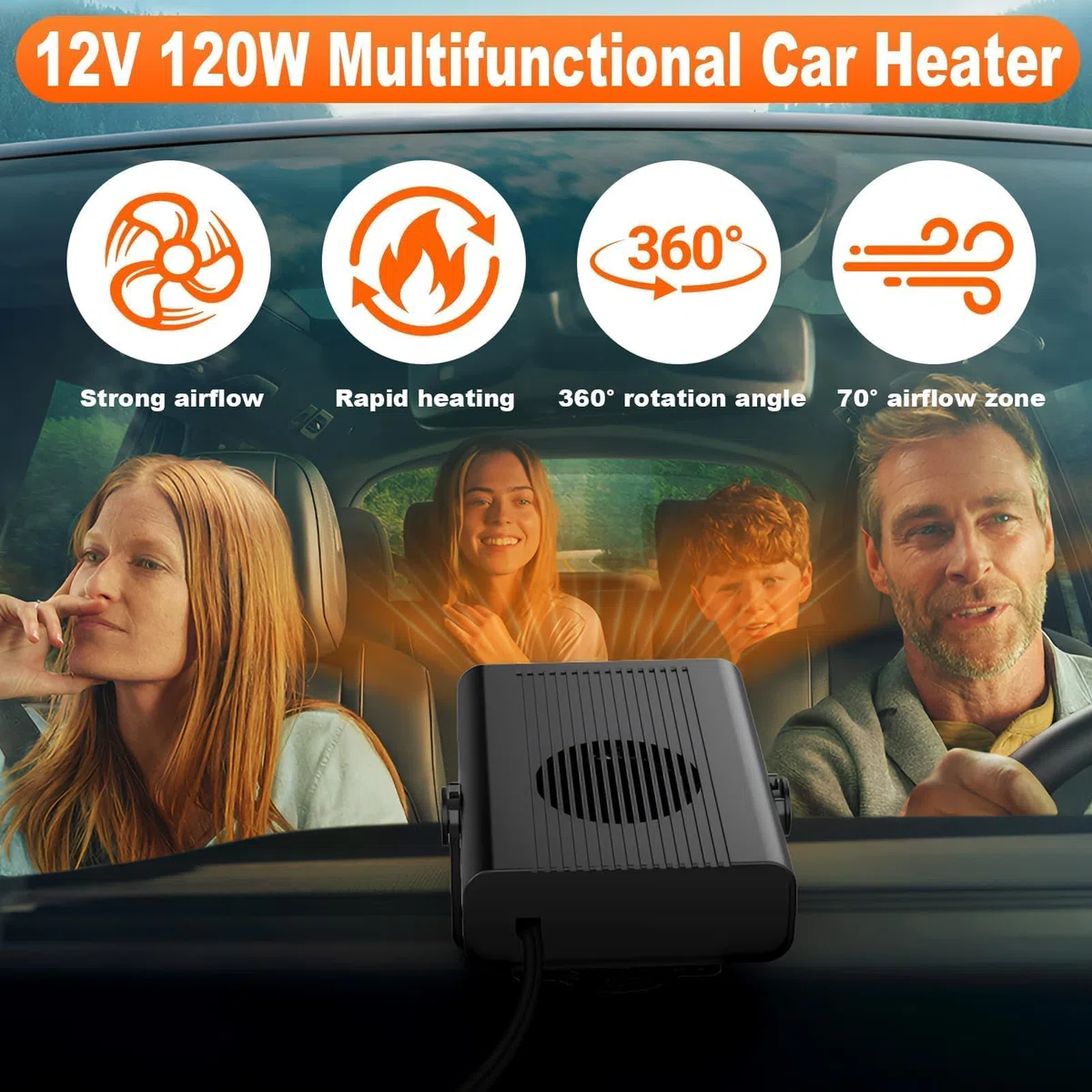 Calefactor Coche 12V 2 en 1 Calentador y Ventilador Portátil con Soporte Giratorio 360°, Desempañador y Descongelador Rápido para Parabrisas, Adecuado para Coche SUV Camión 120w