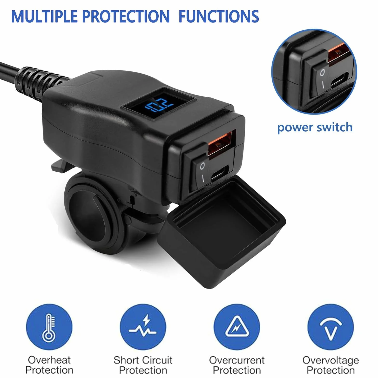 Cargador USB para Moto 48W, IP65, 2 Puertos (QC3.0 18W + PD3.0 30W) con Interruptor y Voltímetro LED, Toma USB-C 12-24V – para Viajes/Exteriores – Compatible con Teléfonos/GPS/Cámaras