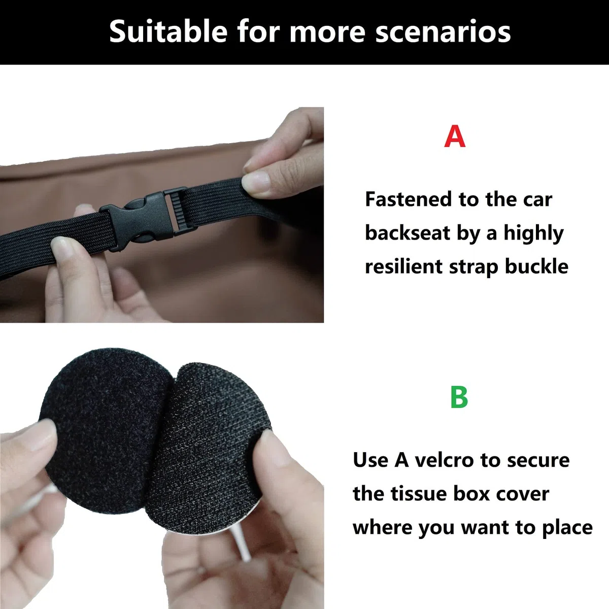 Soporte para pañuelos de coche de piel sintética para asiento trasero de coche, soporte para servilletas, universal, dispensador de pañuelos para 120 pañuelos por caja (negro)