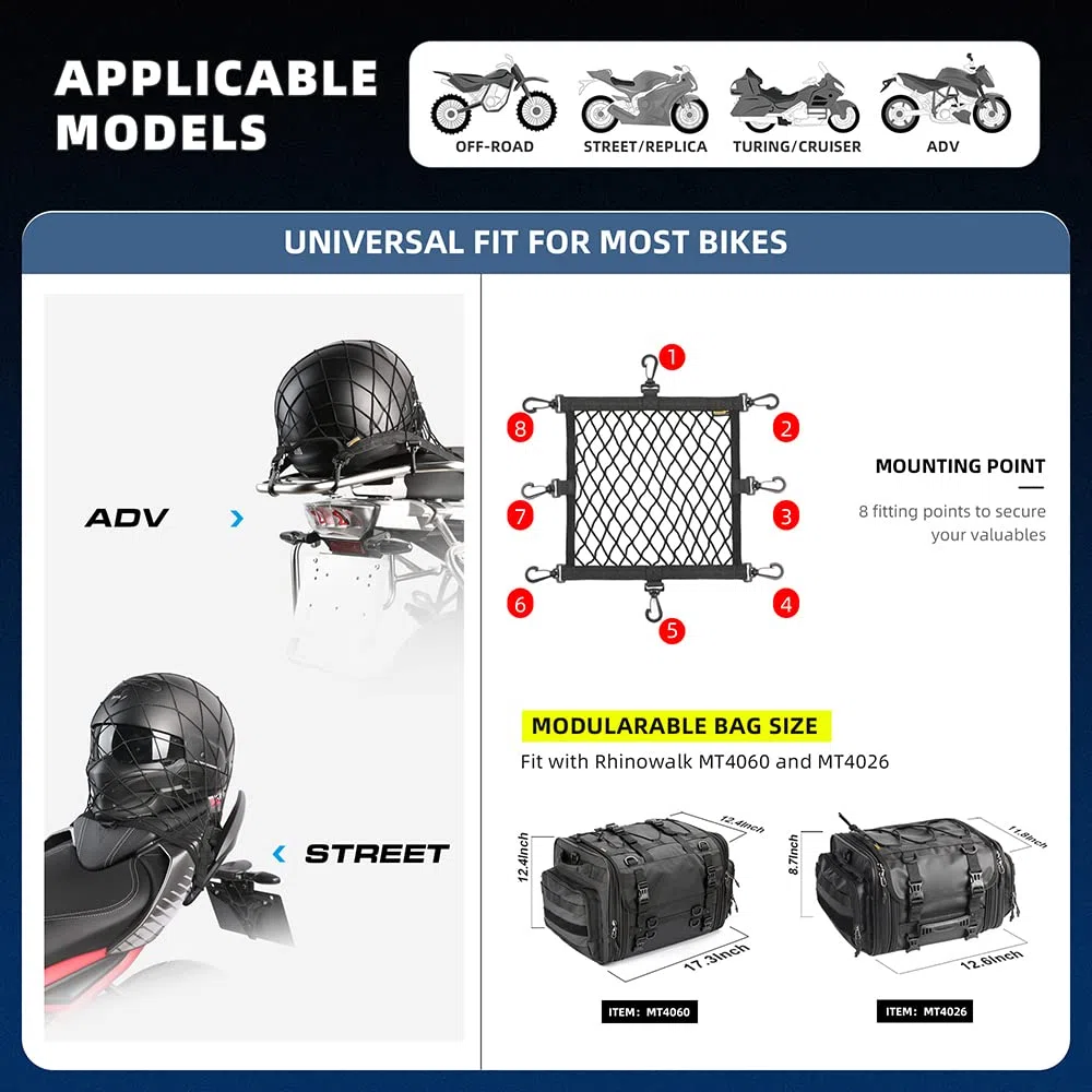 Cascos de moto Bolsa de malla elástica Bolsa de malla para maletero Bolsa de malla con 8 ganchos Cascos universales Bolsa de malla para cascos de motor Accesorios para guardar cascos