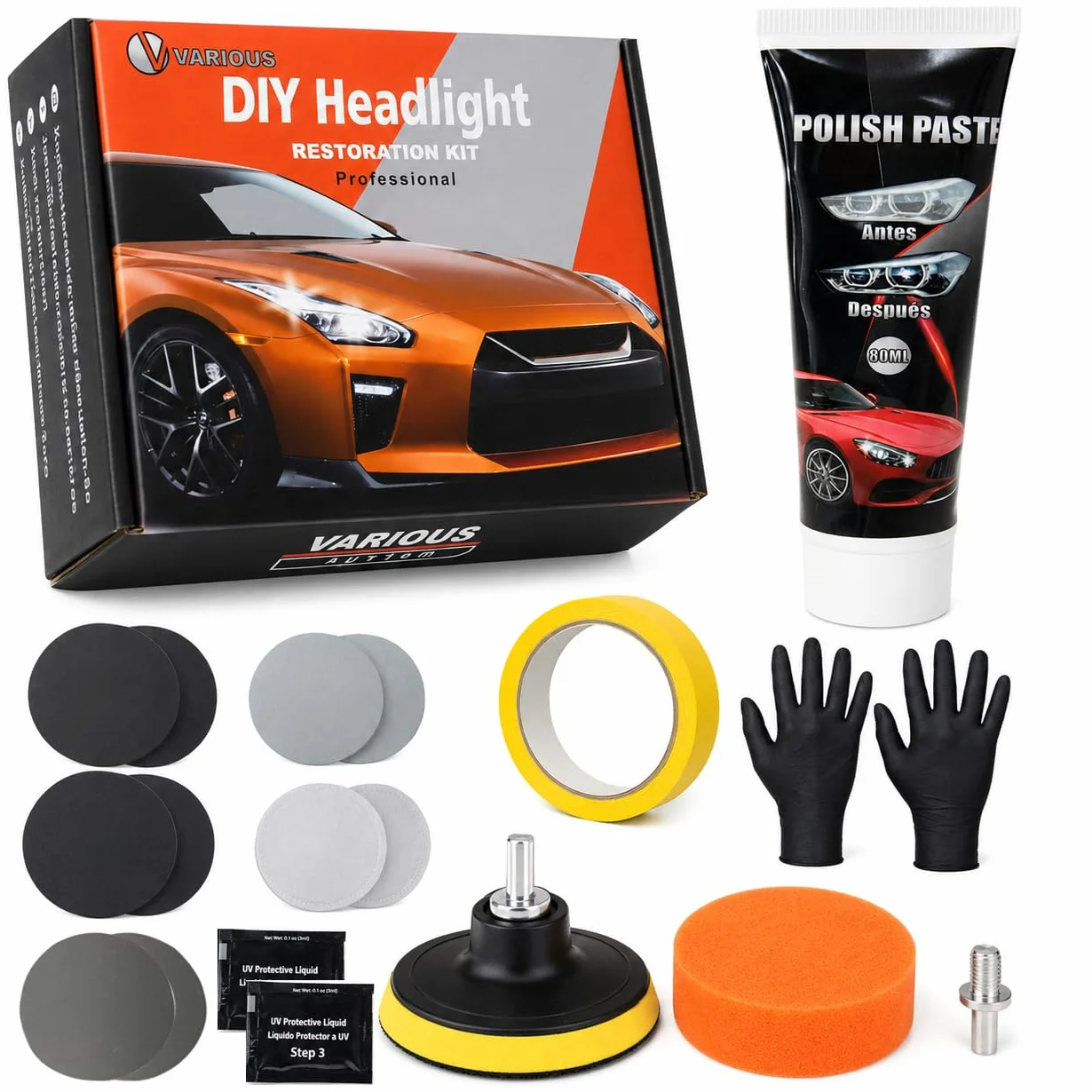various Kit Pulir Faros Coche, Kit Completo de Pulido y Restauración de Faros con Pasta 80 ml, Lijas P800/P1200/P2000/P3000, Protector UV, Adaptador para Taladro, Faros Opacos y Amarillentos