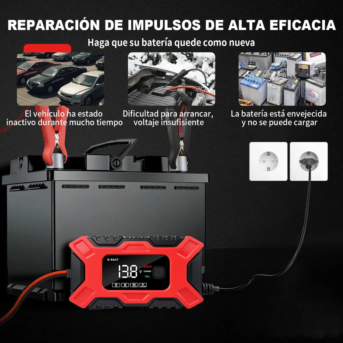 Cargador Baterias Coche, 12V 6A Cargador de Batería de Coche Inteligente con Reparación y Pantalla LCD, Múltiples Protecciones, Cargador de Batería para Automóviles Moto AGM, Gel, SLA