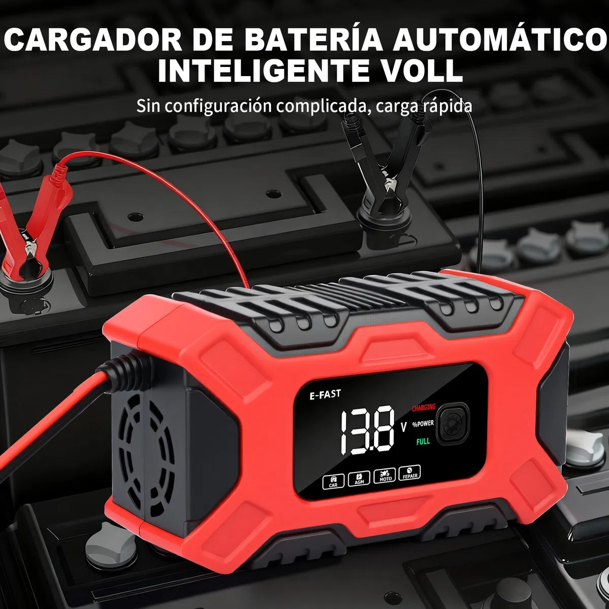 Cargador Baterias Coche, 12V 6A Cargador de Batería de Coche Inteligente con Reparación y Pantalla LCD, Múltiples Protecciones, Cargador de Batería para Automóviles Moto AGM, Gel, SLA