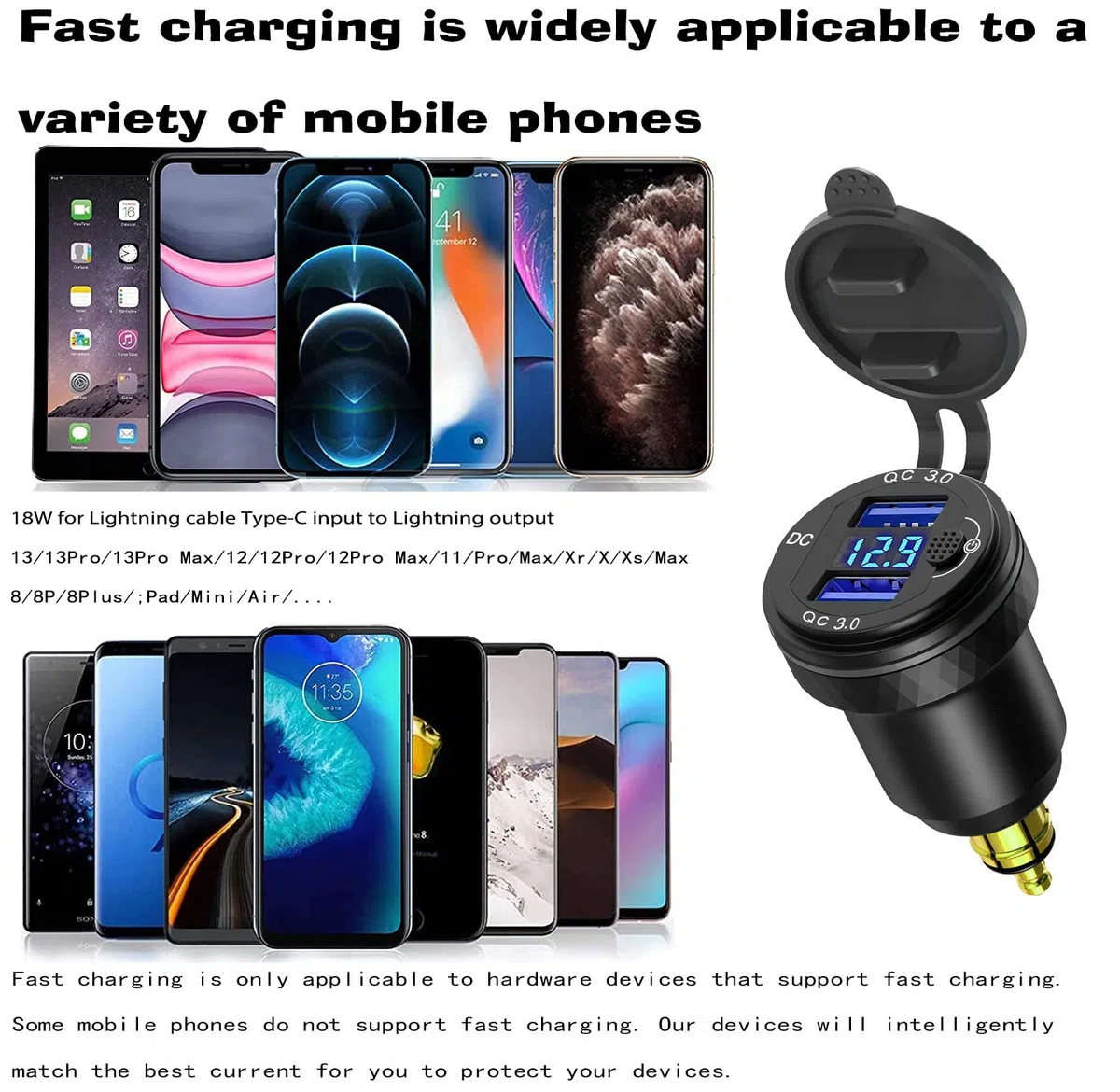 Adaptador de carga USB DIN Powerlet a Dual Quick Charge 3.0 con voltímetro e interruptor para motocicleta Ducati, Triumph, BMW Motos (negro)