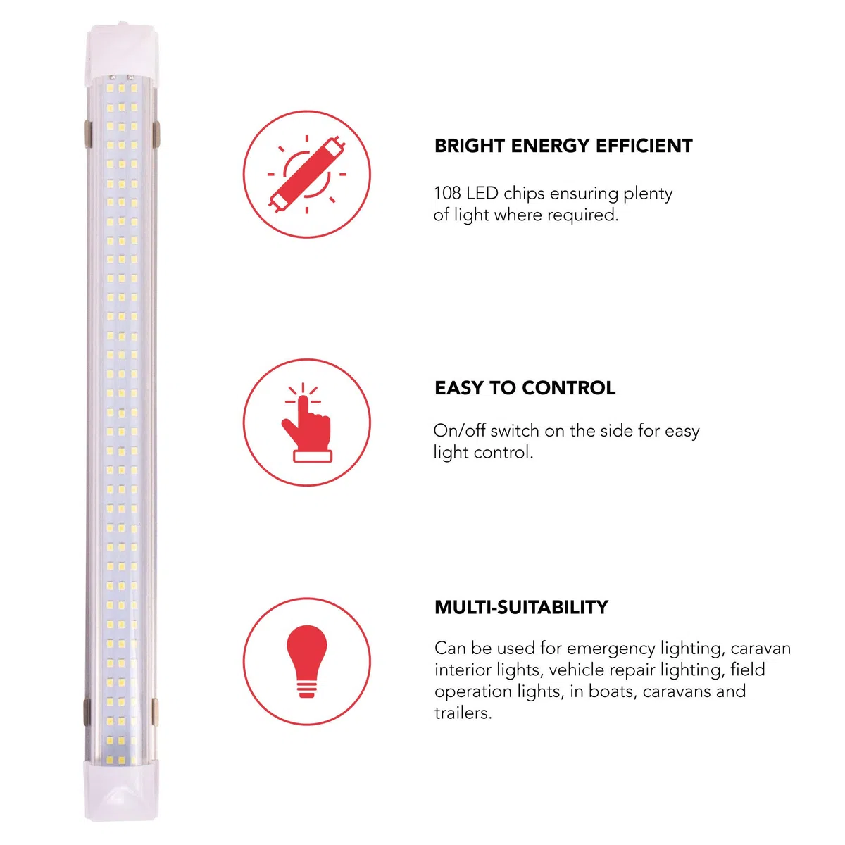 GADLANE Barra LED 12V - 24V Autocaravana, Camper, Barco, Cocina Luz Furgoneta Interior Luces Led 12v Interruptor Encendido/Apagado - 6000k - 34cm Longitud - Paquete De 2