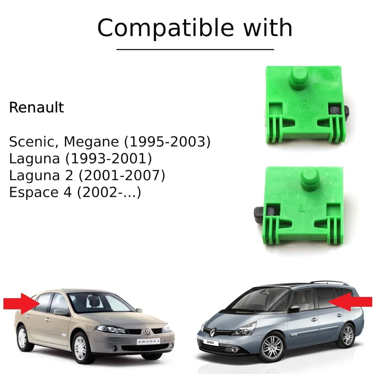 Twowinds - Clip Elevalunas Compatible con Renault Mégane, Scenic I (1995-2003) Laguna (1993-2001) Laguna 2 (2001-2007) Espace 4 (2002-2006) - Puerta Trasera Derecha, Izquierda - Ventana (2 piezas)