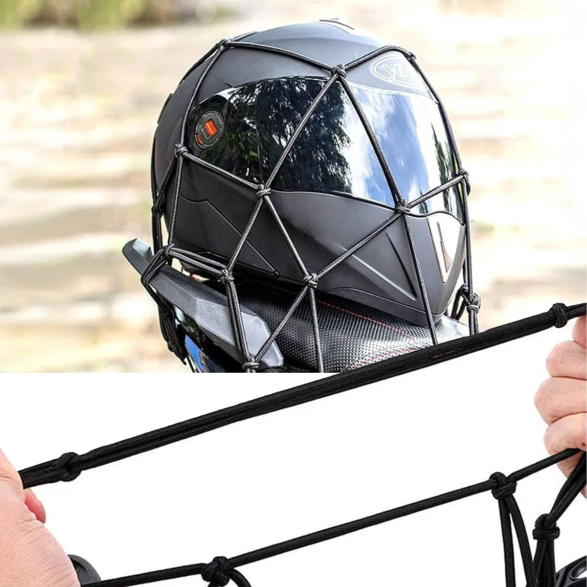 4 Pieza Red de Equipaje, Red para Equipaje de Motocicleta, Red para Casco con Ganchos, Viene con un Cordón de Sujeción para Motocicleta Adecuado para Sujetar Cascos o Equipaje de Motocicleta(Negro)