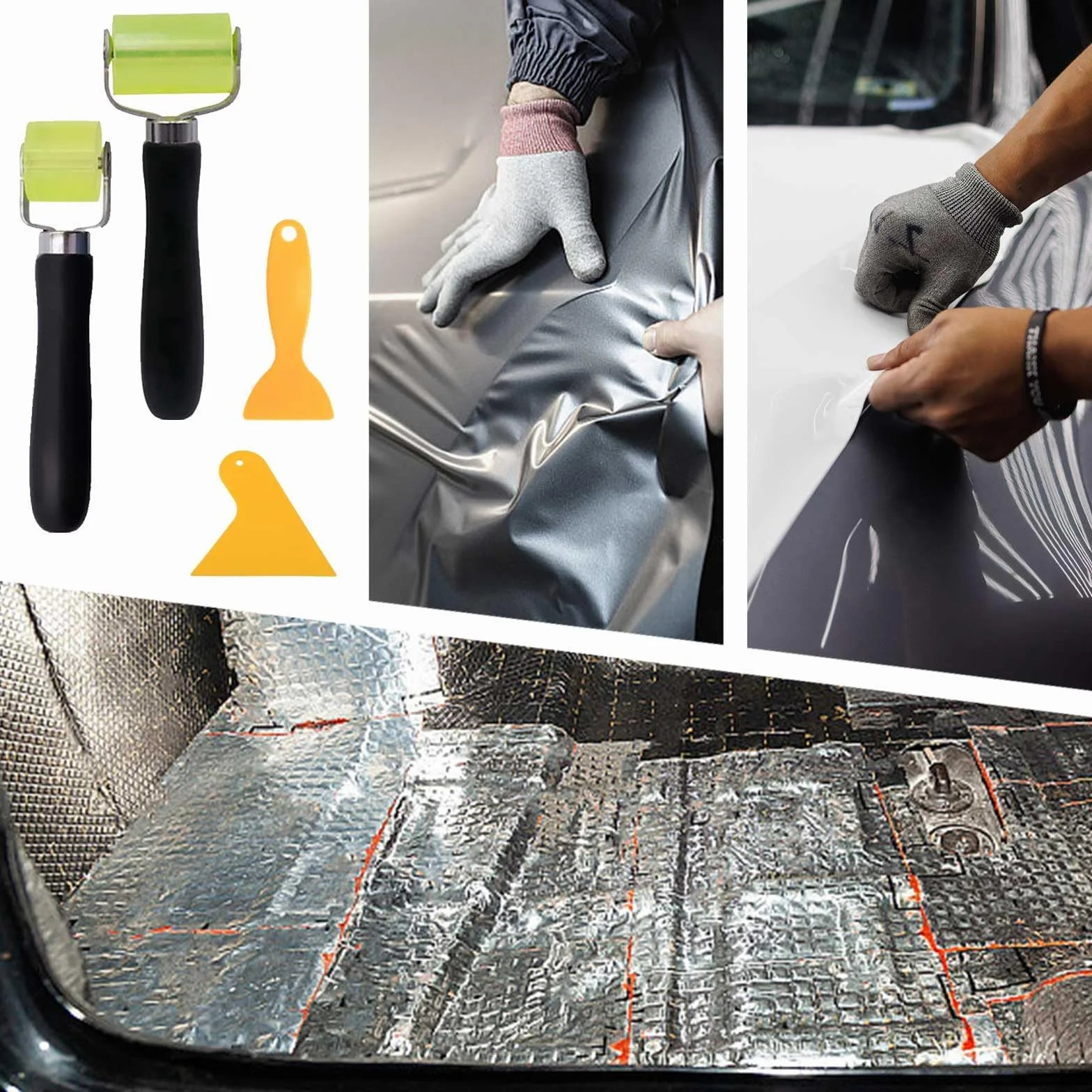 Rodillo Presión para Coche 2 Piezas 30 mm + 50 mm, Cabezal Silicona Rodillo Presionador, Kit Rodillos Insonorizantes con 6 Raspadores, para Sellar Bordes Esteras Insonorizantes