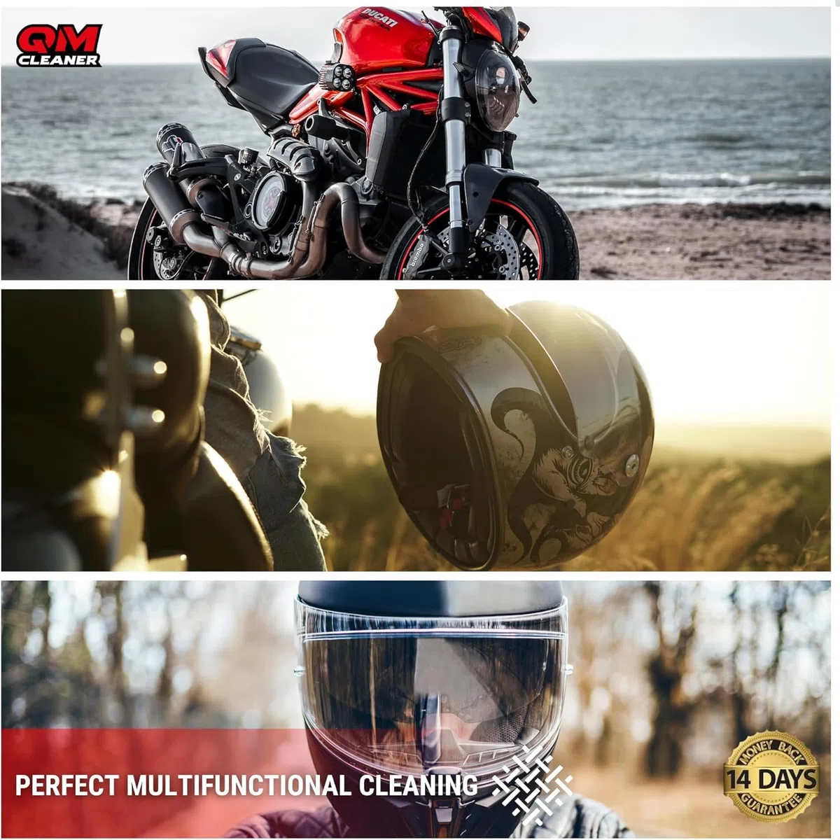 QM Cleaner Kit de Limpieza y Mantenimiento para Moto y Casco | Limpiador en seco multisuperficie y elimina insectos para casco. Incluye Total Bike(500ml), Helmet Cleaner(200ml) + 2 paños