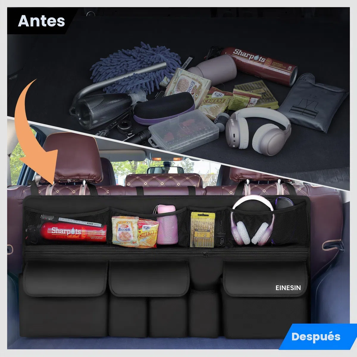 Einesin Organizador Maletero Coche Colgante con 9 Bolsillos, organizador Furgoneta, Organizador Coche Impermeable Plegable,105 x 52 cm