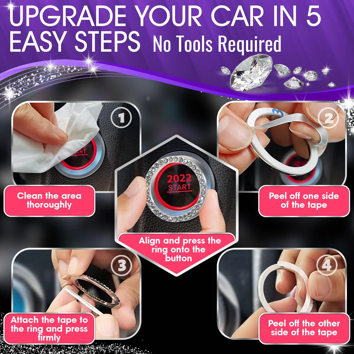 Crystal Rhinestone Car Bling Sticker Ring Emblem, Auto Start Engine Ignition Key & Button Bling, By Bling Car Decor (Silver) by Bling Car Decor