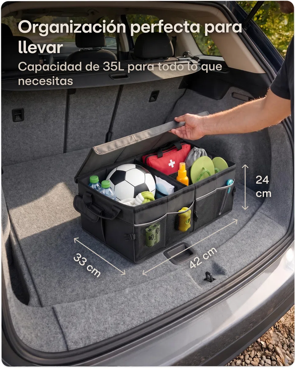 Praknu Organizador Maletero Coche con Tapa Pequeño 35L – Plegable a 15L – 3 Compartimentos con 11 Bolsillos – Repelente al Agua y Antideslizante – Fácil de Transportar