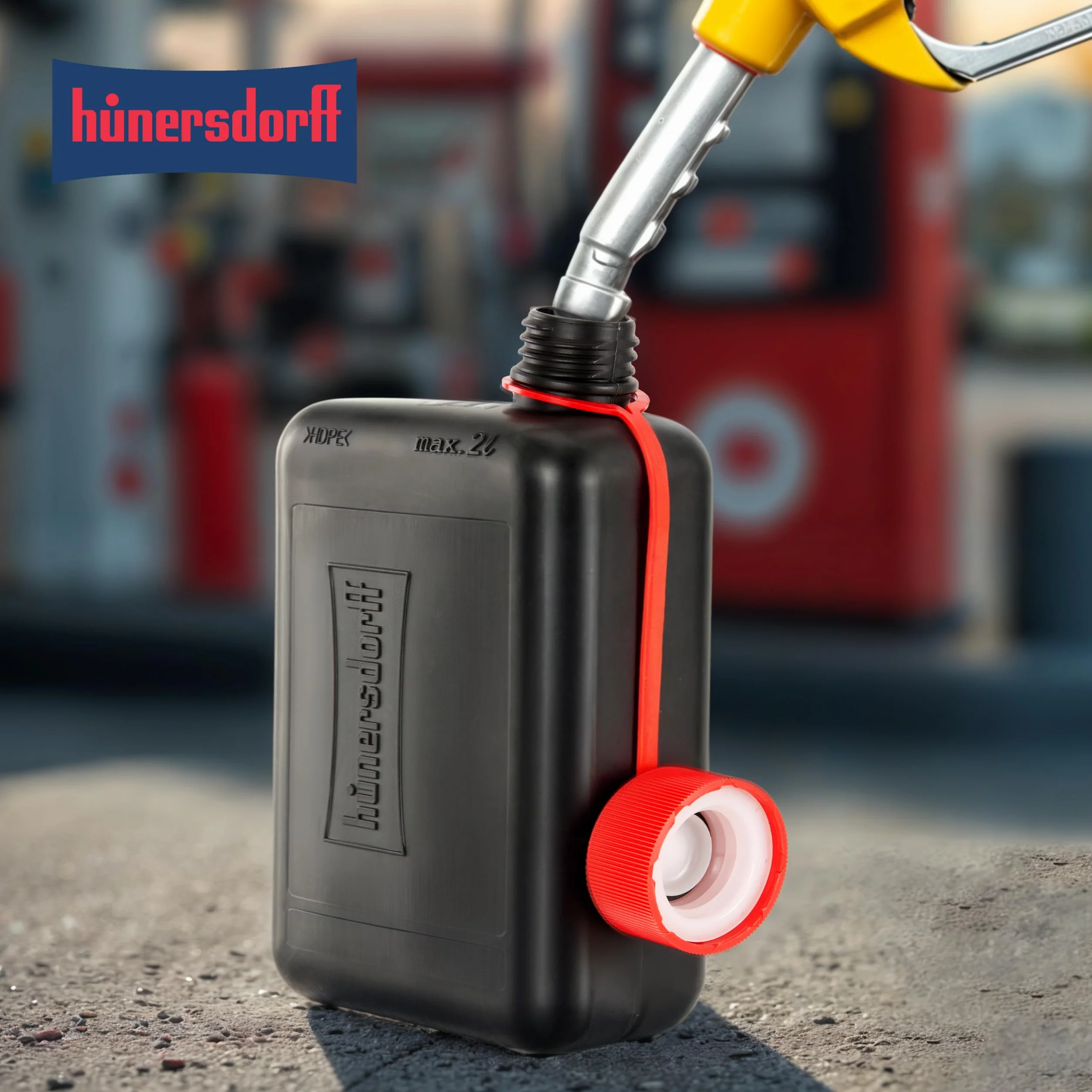 Hünersdorff Bidón de combustible estándar, 2 L, bidón de repuesto para coches pequeños e híbridos, HD-PE, fabricado en Alemania, producción certificada por TÜV, color negro