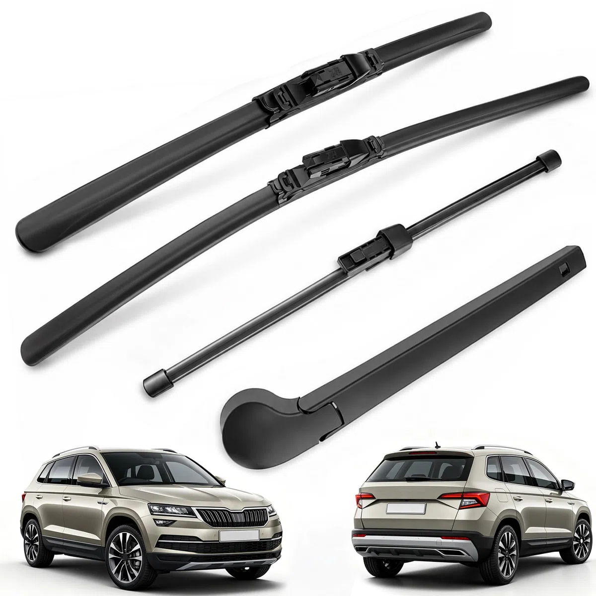 Juego de Limpiaparabrisa Delantero y Trasero Compatible con Skoda Karoq NU7 2017-2022 | 2 Hojas de Repuesto Delantero + 1 Limpiaparabrisas Escobillas Trasero de Coche + 1 Brazos de Limpiaparabrisas