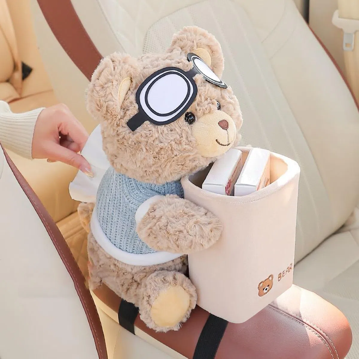 Car Tissue Holder, Plush Armrest Can, Dibujos animados Bear Organizer, Use Tissue Dispenser, Soft Storage Bin, Vehicle Armrest Use, Auto Cute Can 25x22x28