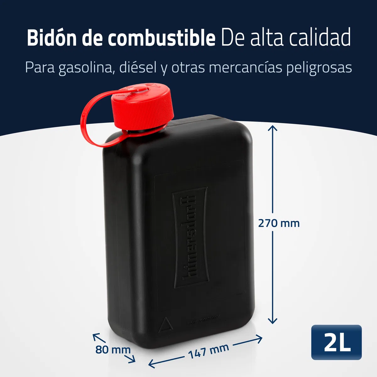 Hünersdorff Bidón de combustible estándar, 2 L, bidón de repuesto para coches pequeños e híbridos, HD-PE, fabricado en Alemania, producción certificada por TÜV, color negro