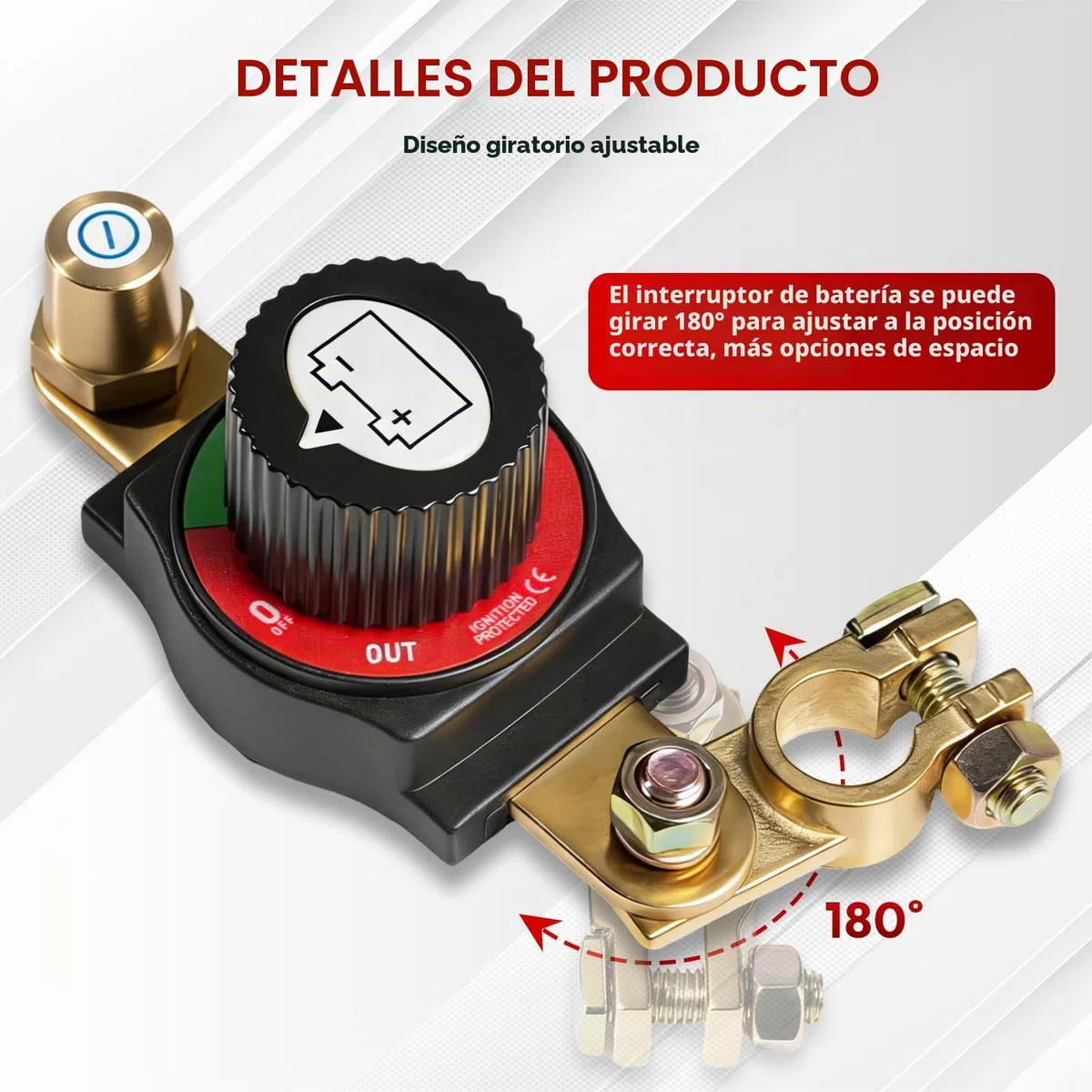 Desconectador de Bateria Coche 12V-48V, Cortacorrientes Coche Ajustable 180°, Interruptor Principal de Batería, Corta Corriente Bateria para Coche, Moto, Barco, Yate, Apto para el terminal negativo