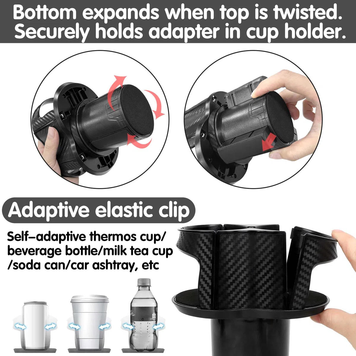 Reofrey Adaptador expansor multifuncional 2 en 1 para portavasos de coche, soporte doble universal con soporte ajustable, boca elástica de apertura y cierre, se adapta a la mayoría de botellas y tazas