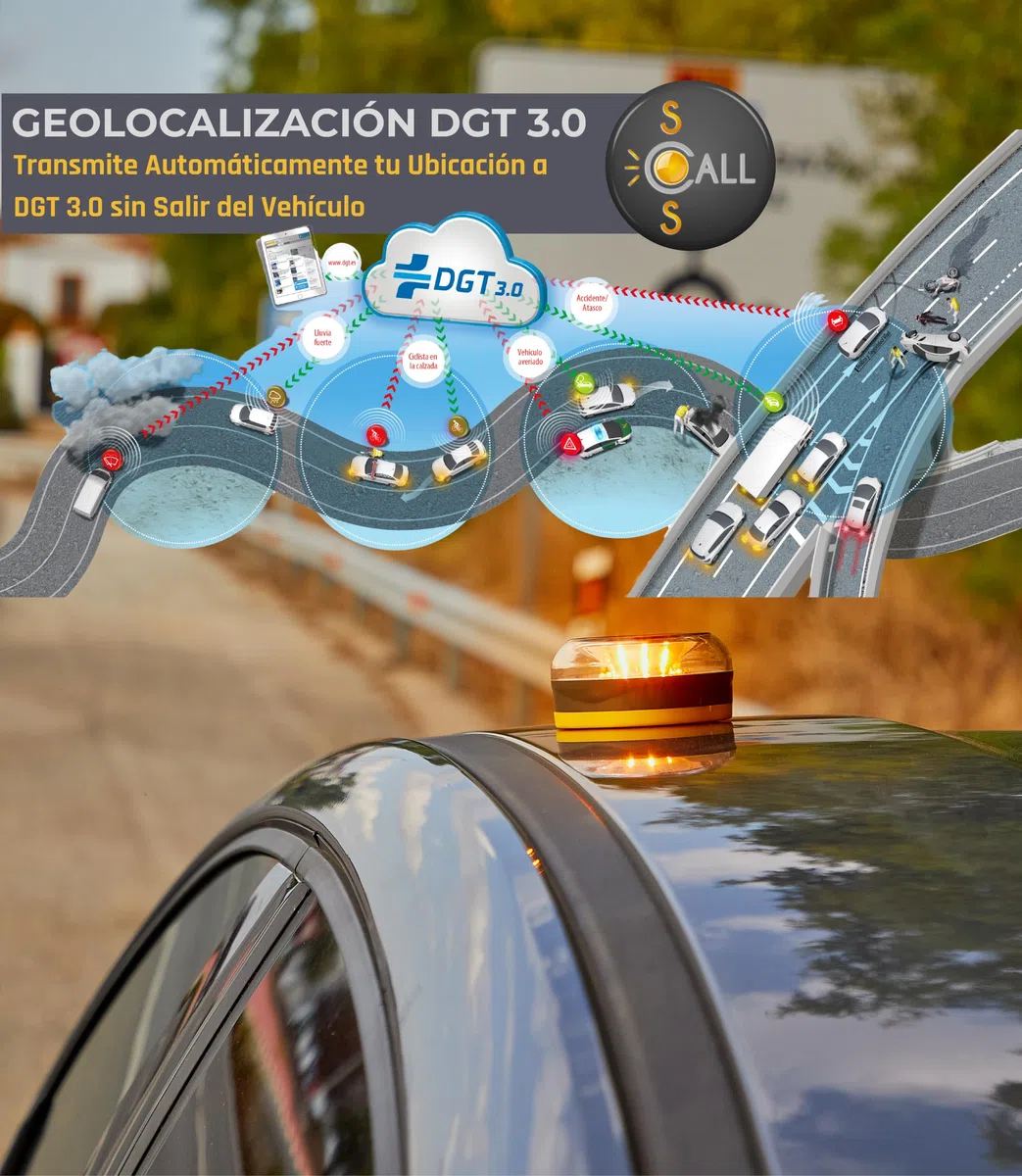 Luz Emergencia V16 Conectada DGT 3.0 Baliza Coche Homologada 2026 Geolocalización Tiempo Real 1 Km Visibilidad Alta Potencia LED Seguridad Carretera Sin Suscripción Datos Incluidos hasta 2040
