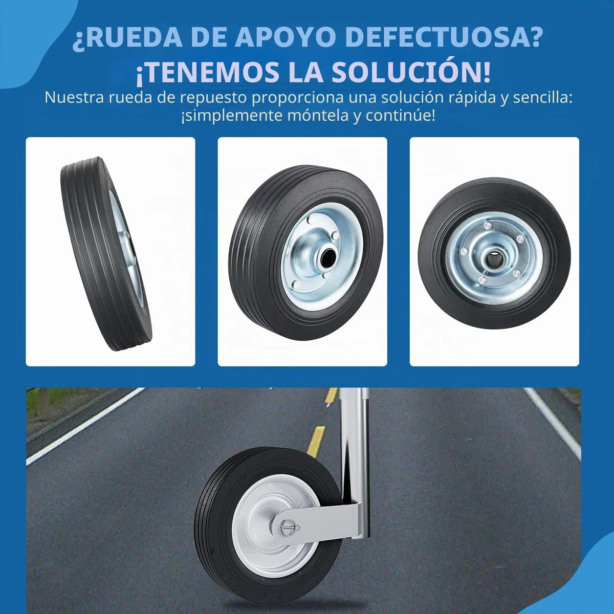 Rueda de repuesto para rueda de apoyo, 200 x 50 mm, neumáticos de goma maciza sobre llanta de acero para remolques y caravanas, carga de apoyo de 150 kg, pieza de repuesto robusta