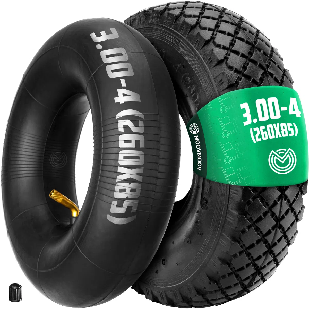 MOOVMOOV Neumático 3.00-4 (260x85) con Cámara de Aire Válvula Acodada TR87 | Compatible con Carretillas de Transporte, Remolques, Carros de Jardín de 4 Ruedas - Para Neumático 3.00-4