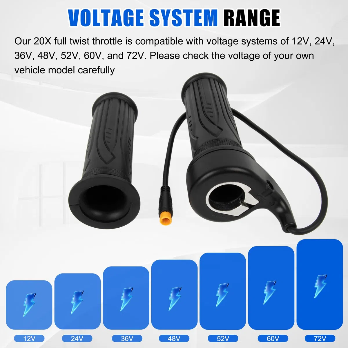 PSLER 20X Acelerador de giro completo para EBike, acelerador de 12V-72V de 3 pines para manillar de 22,2 mm para bicicleta eléctrica, scooter, motocicleta con conector impermeable