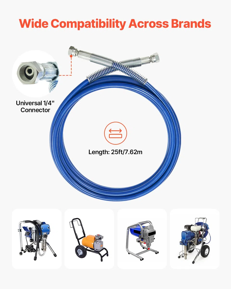 VEVOR Manguera para Pulverizador de Pintura sin Aire de 7,62 m Manguera Universal Flexible de 1/4 pulgada para Pulverizador de Pintura sin Aire de Alta Presión de 4350 PSI para Pulverizador de Pintura