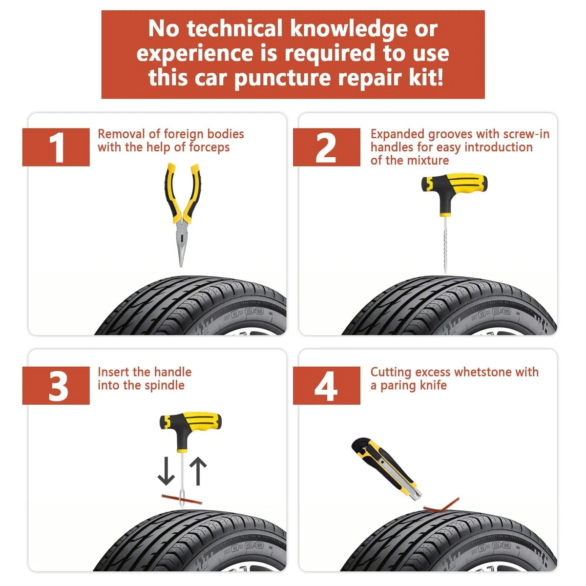 Kit repara pinchazos coche,Valido para Todo Tipo de neumáticos,Kit Mechas para Pinchazos Neumáticos,para Coches, todoterrenos, Moto y más.