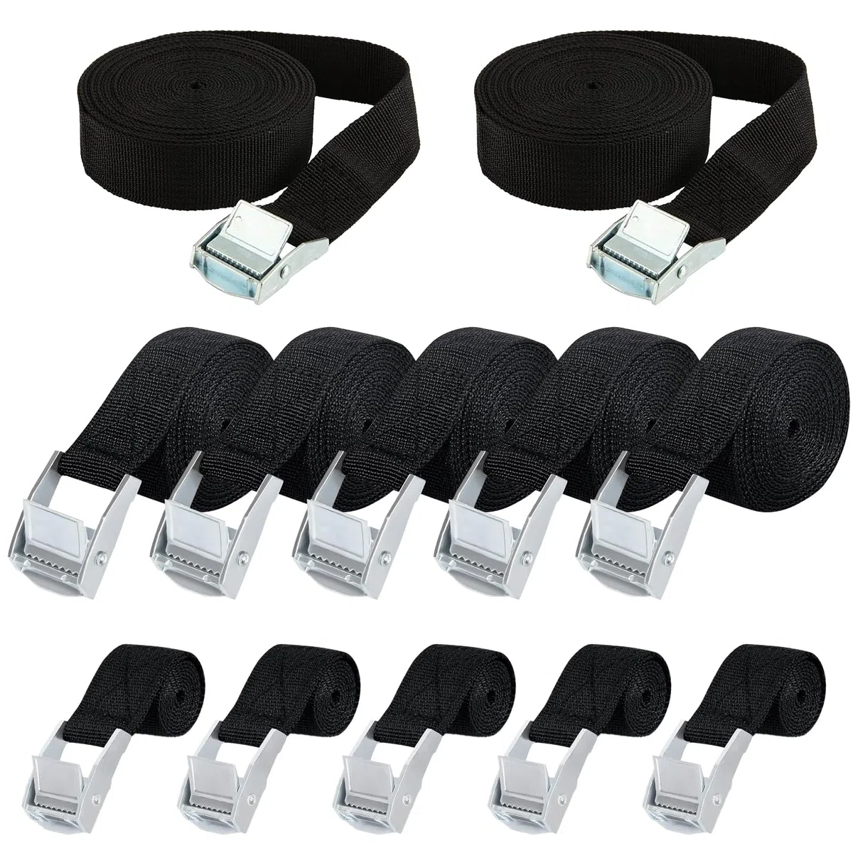 12 piezas/3 tamaños Correas tensoras negras con trinquete, juego de cintas de sujeción con cerradura de apriete para equipaje, fijaciones de bicicletas, correas de sujeción con cerradura de apriete