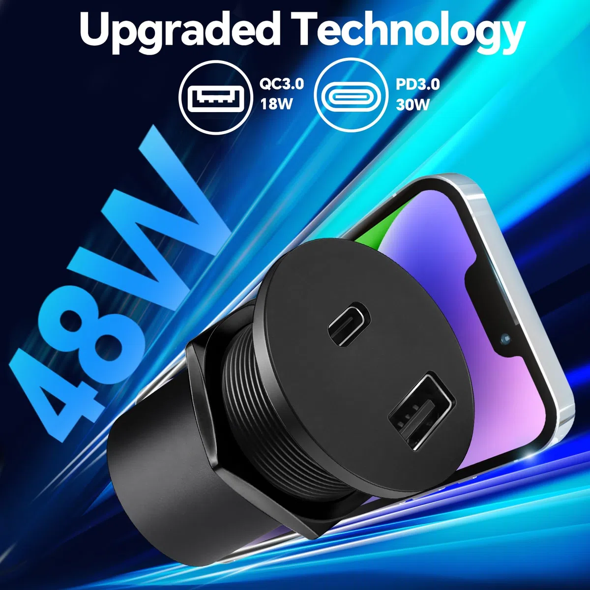 acegoo Toma USB 12V Camper Aluminio USB C Cargador de Coche, Doble Puerto de Carga Rápida PD3.0 y QC3.0 para Autocaravana Barco Marino Camión Autobús