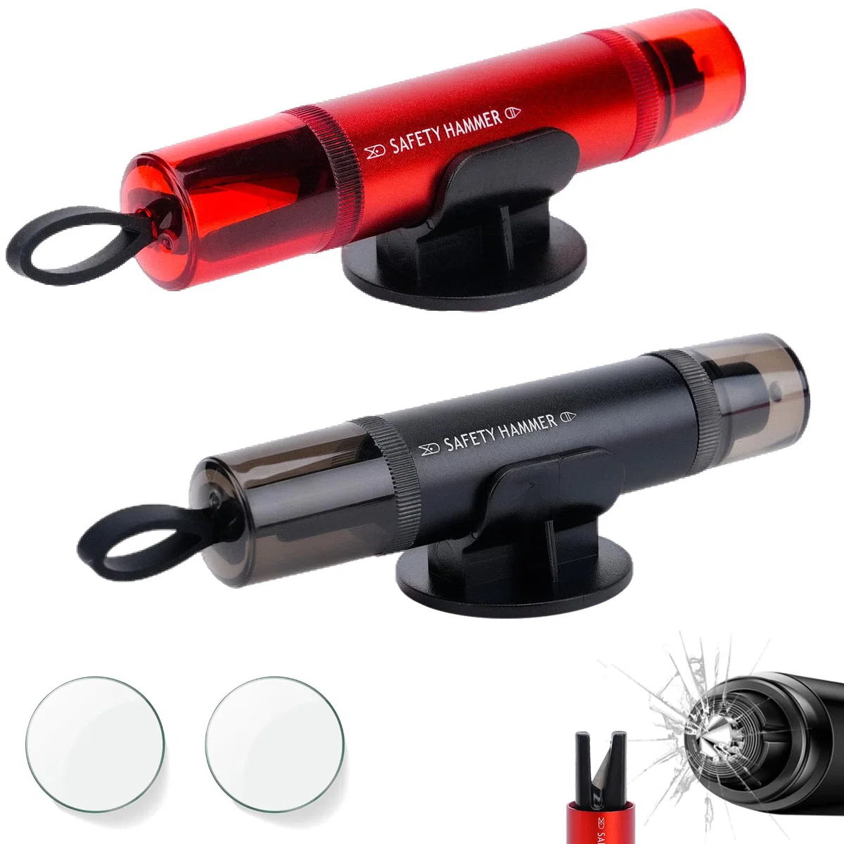 2 Piezas Rompe Cristales y Cinturones, 2 en 1 Martillo de Emergencia Coche, Herramienta de Rescate de Emergencia Esencial para Coches y autobuses Negra + Roja