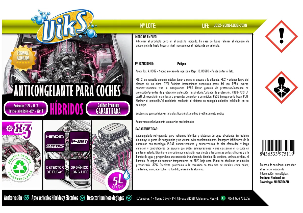 Viks | Anticongelante para COCHES HÍBRIDOS | Tecnología P-OAT | Refrigerante Organico Rosa para vehiculos electricos | Protección del circuito -25ºC | Apto todo tipo de Radiadores | Uso directo | 5L