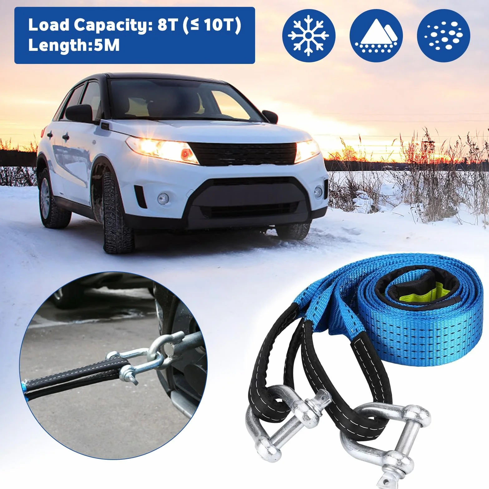 Eslingas de Carga para Remolque Coche 8T, 5 M x 5 CM Accesorios Todoterreno con 2 Grilletes 2 Guantes 1 Bolsa de Almacenamiento, Accesorios Coche para Recuperación Vehículo Coche SUV