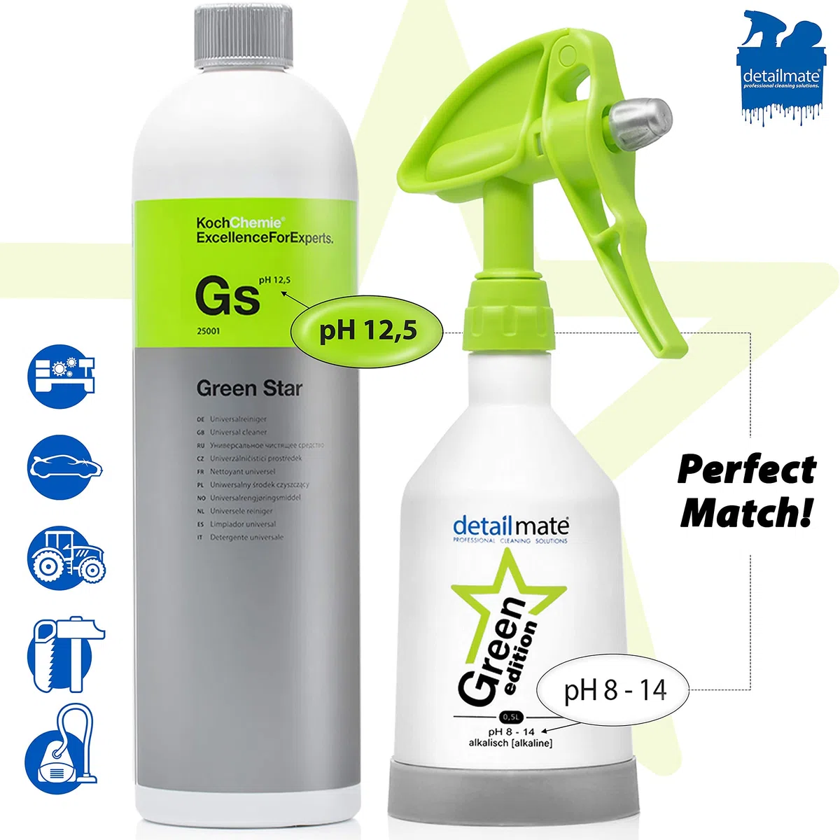 detailmate Green Star Set: Koch Chemie GreenStar - Limpiador universal de 1 L para coche y talleres industriales + pulverizador Kwazar Mercury, edición verde, 0,5 L, apto para pH 8-14