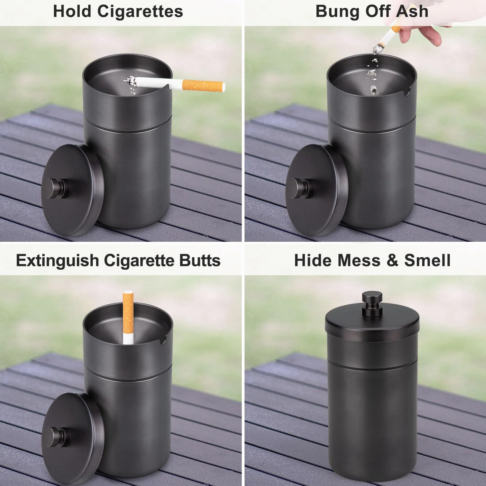 Cenicero Exterior de Acero Inoxidable, Ceniceros Antiolor con Tapa a Prueba de Viento Windproof Ashtray Outdoor para Jardin Oficina Balcón Coche Sala de Estar, Negro