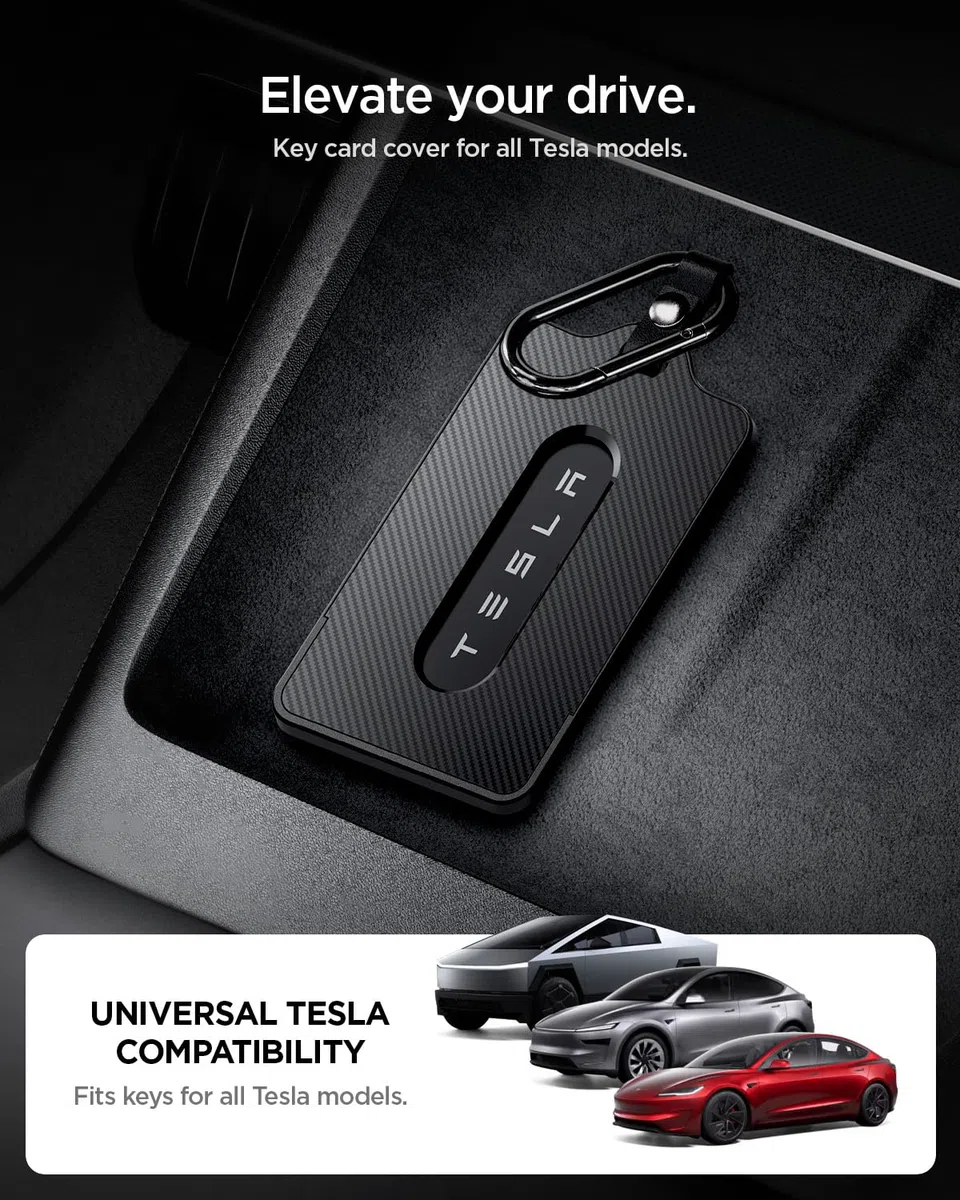 Spigen Llavero para Tesla [Pack de 1] Tarjetero Compatible con Model Y / Y Juniper (~2026), Model 3 / 3 Highland, Model S, Model X, Funda Llave para Accesorios Tesla - Edición Carbono