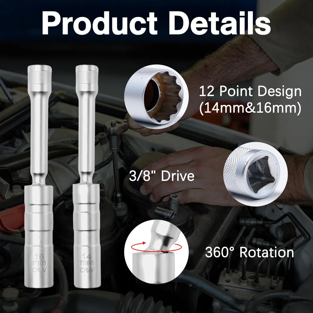 2 Piezas Llaves para Bujías Enchufe de Bujía Giratoria Magnéticas 14mm y 16mm Llaves para Bujía de Coche Vaso de Bujías Universal con Deslizable Llave en T 3/8" para Automóviles Motocicletas
