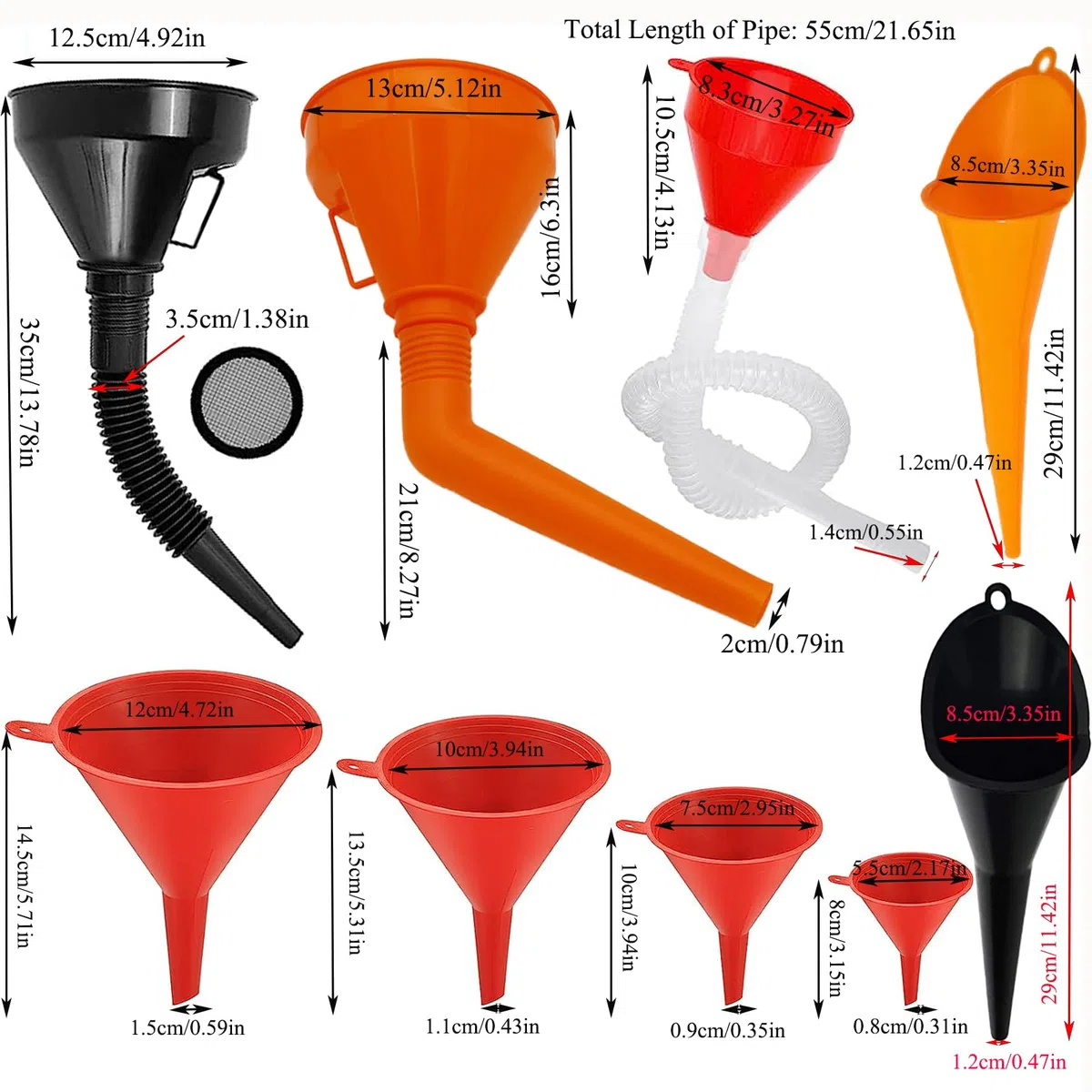 Juego de Embudo Gasolina Plastico 9 Piezas Universal Embudo de llenado de Combustible con Filtro Plástico Flexible Angulo Recto para Moto Coche Hogar y Taller